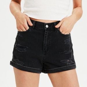 high waisted distressed black denim mom shorts
